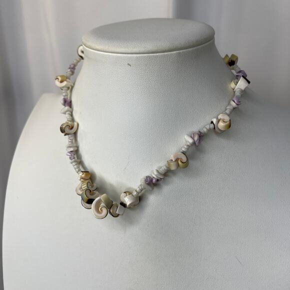 tropical shell necklace beaded light violet off white puca puka faux or real - Picture 3 of 12